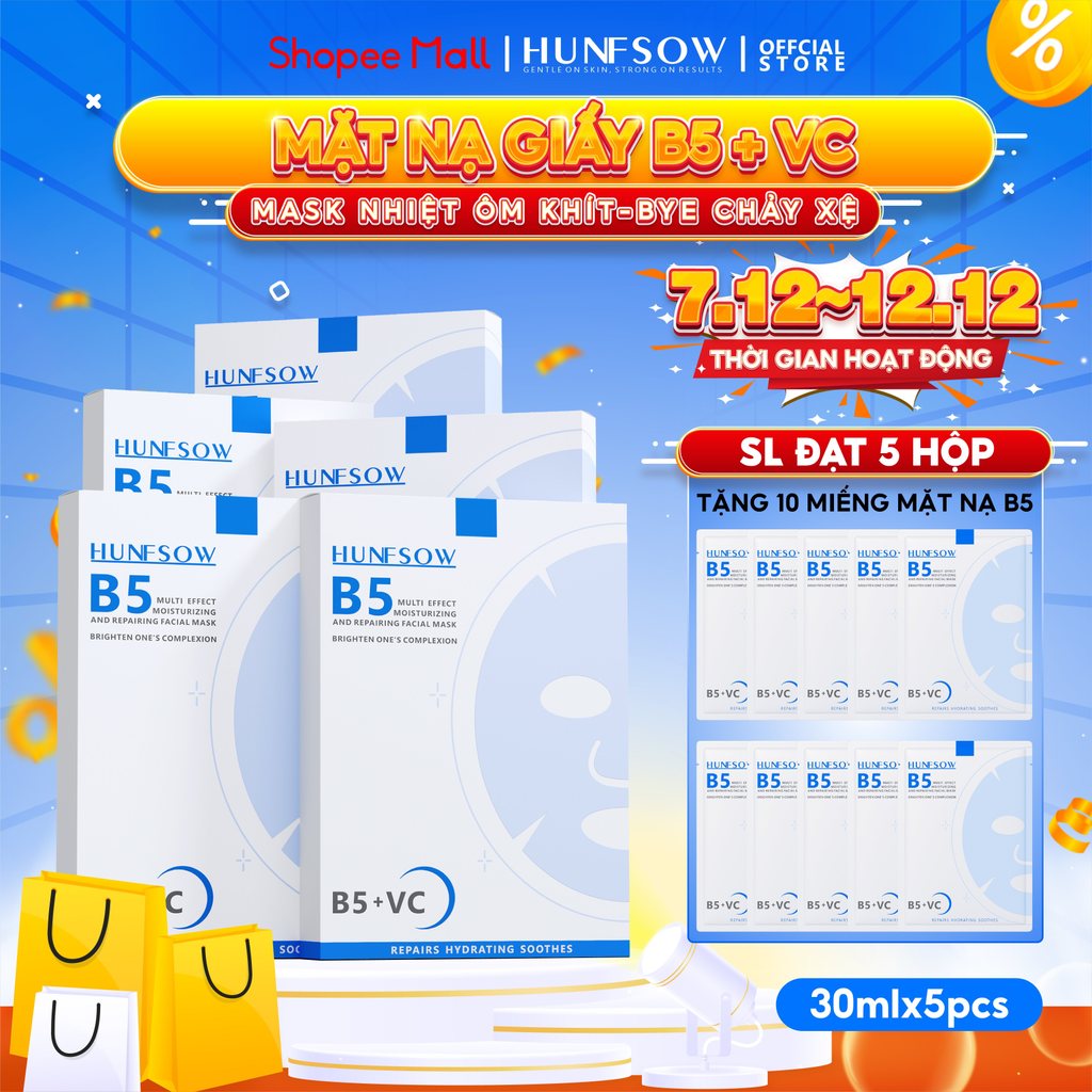 Mặt Nạ Giấy HUNFSOW B5 + VC Phục Hồi Da Và Làm Sáng Da Hộp 5 Miếng