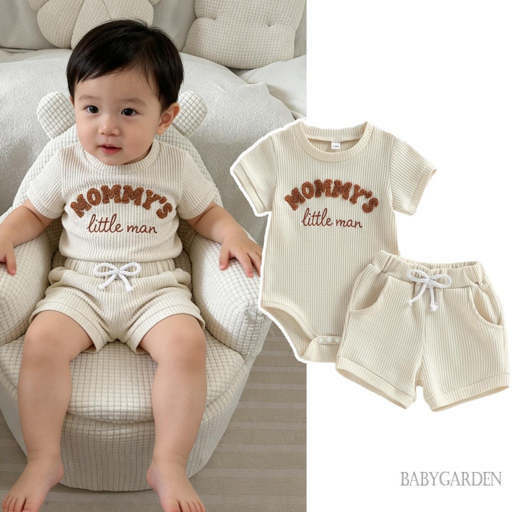 Bé Trai Mùa Hè Bộ Thêu Chữ Tay Ngắn Cổ Tròn Áo Liền Quần Chắc Chắn Co Giãn Eo Quần Short