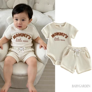 Bé Trai Mùa Hè Bộ Thêu Chữ Tay Ngắn Cổ Tròn Áo Liền Quần Chắc Chắn Co Giãn Eo Quần Short