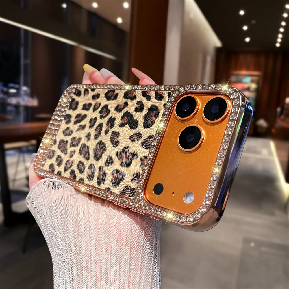 Ốp điện thoại họa tiết da báo Flash Diamond cho iPhone 17 Pro Max 13 14 15 16 Pro Max Bảo vệ ống kính chống rơi Vỏ mềm bảo vệ điện thoại