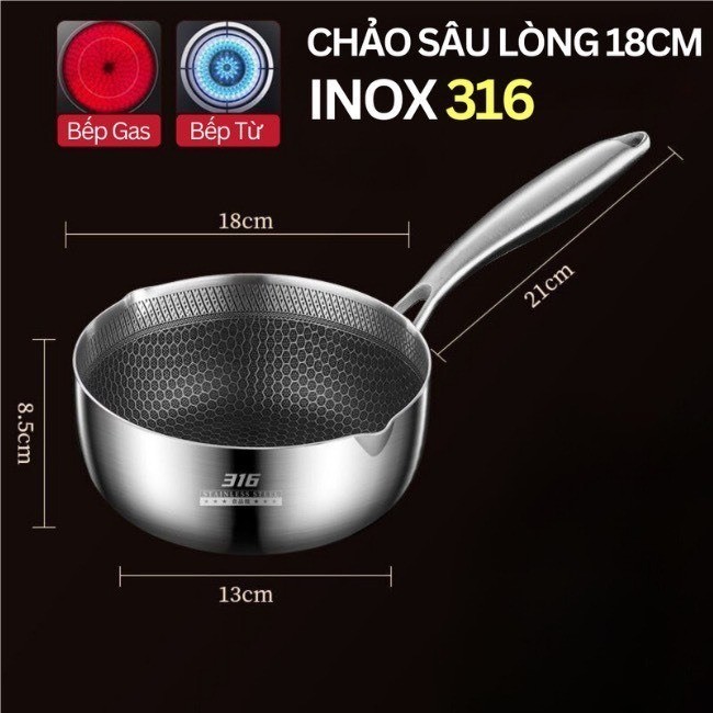 Chảo Chống Dính Vân Tổ Ong Sâu Lòng Chất Liệu Inox 316 Đường Kính 18cm Dùng Cho Mọi Loại Bếp, Chống Xước Chống Gỉ