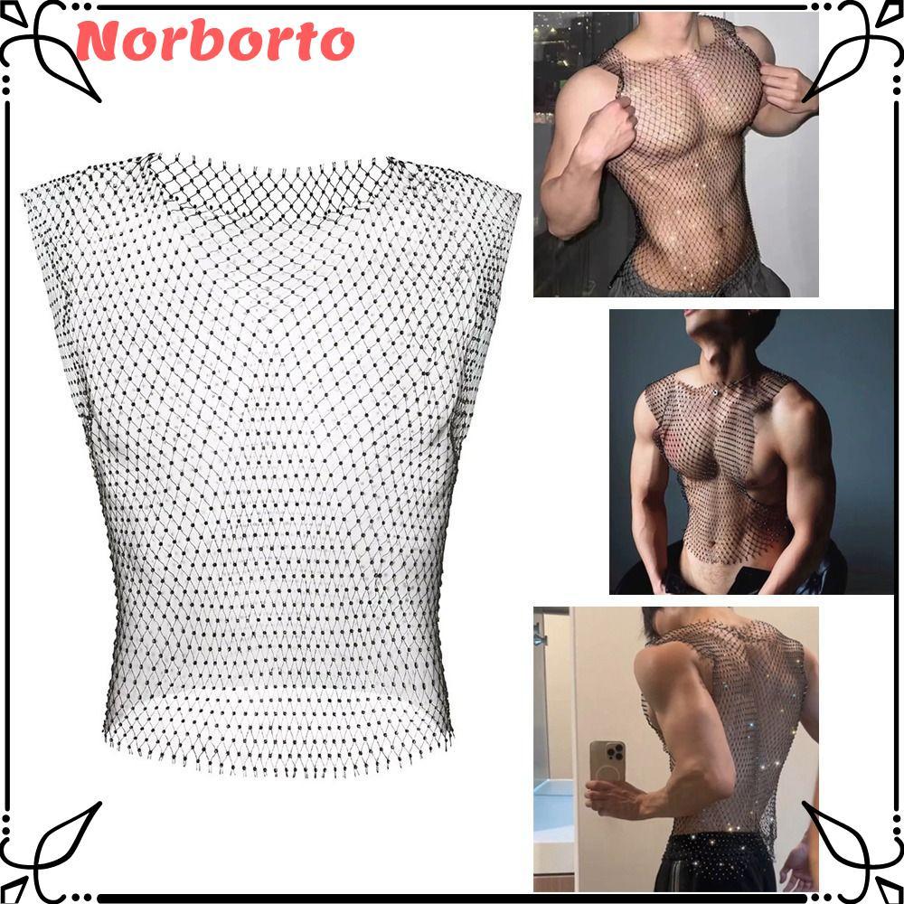 Áo tăng nam NORBORTO, Áo Vest lưới cá trang trí bằng kim cương giả thiết kế rỗng, Áo thun lưới vải co giãn vừa vặn