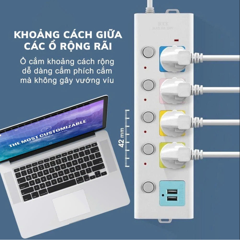 Ổ Cắm Điện USB Đa Năng Cao Cấp Chống Giật , 2 Cổng Cắm USB Công Suất 2500W Có Chốt An Toàn Tiện Dụng