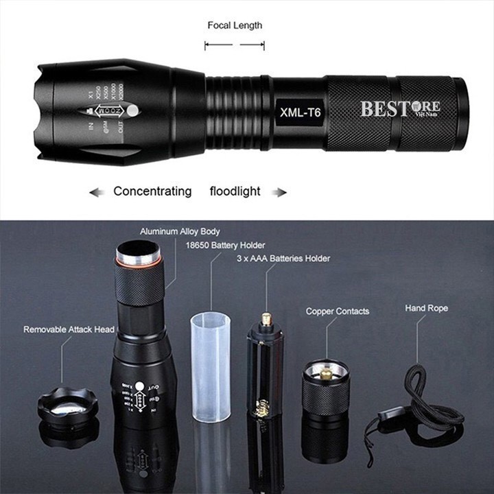 Đèn pin siêu sáng T6 đủ bộ siêu sáng chiếu tầm xa hơn 100 mét đa năng kháng nước dòng IPX8