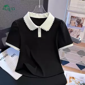Springevenstar Hàn Quốc Màu Sắc Tương Phản Ren Viền Ve Áo Ngắn Tay Đa Năng Áo Thun Nữ Springevenstar