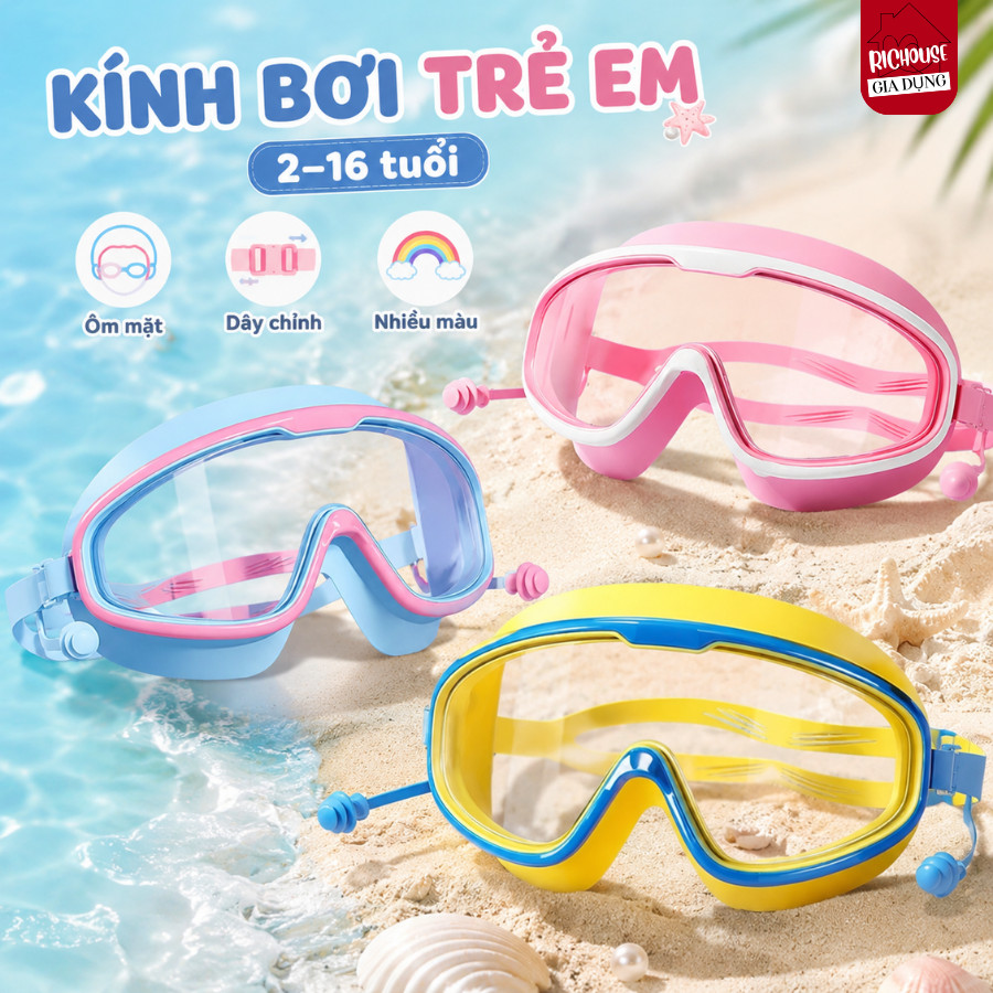Kính Đi Bơi Cho Bé Mắt Rộng, Kính Bơi Trẻ Em Dây Đeo Co Giãn, Phụ Kiện Bơi Lội Đi Biển Nhiều Màu