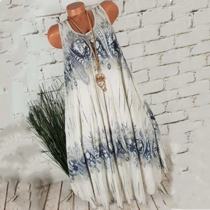 Đầm không tay Bohemian mới dành cho nữ Mùa hè dáng rộng Slim Ink Wash In chữ A Váy nghỉ mát