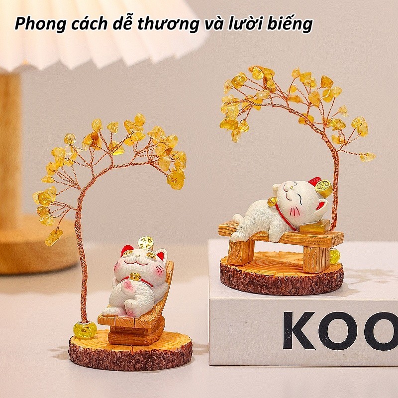 Cây tài lộc với tượng mèo may mắn, đế thạch anh vàng, vật trang trí bàn làm việc.