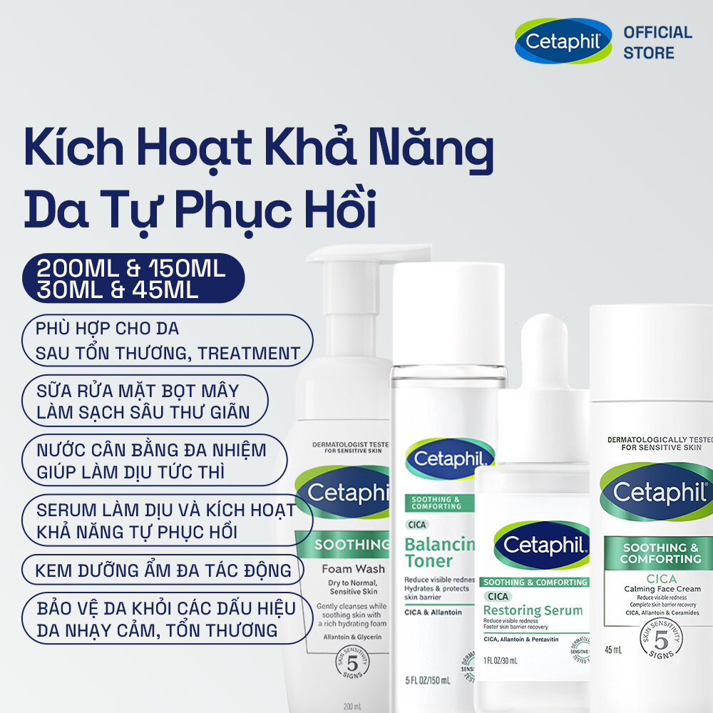 Bộ Sản Phẩm Phục Hồi Cetaphil Soothing and Comforting Cica Restoring Serum+Calming Face Cream+Balancing Toner+Foam Wash