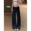 Phong cách mới Phong cách Hàn Quốc phù hợp Phong cách lười biếng Slimer Look Casual Màu xanh hải quân Chấm bi Quần loe Trous