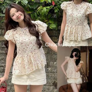Áo babydoll ROSE màu kem hoa nhí tay bồng phối dây buộc nơ dành cho nữ dễ mặc. HÀNG MỚI VỀ