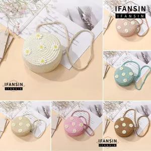 Túi Rơm Trẻ Em IFASIN, Túi Đeo Ngang Hoa Cúc Nhỏ, Túi Đi Biển Mùa Hè Handmade Hình Tròn Sáng Tạo Cho Trẻ Em Bé Gái