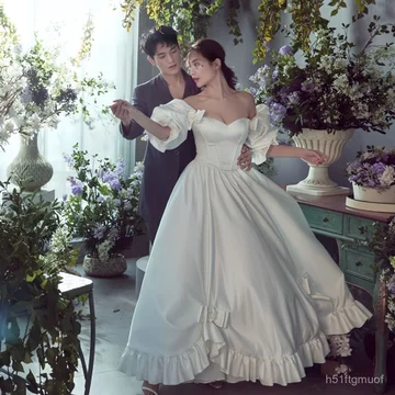 Váy chụp ảnh phong cách Hepburn kiểu Pháp mới, tay phồng bằng satin, váy cưới cổ điển dành cho chụp ảnh theo chủ đề stud