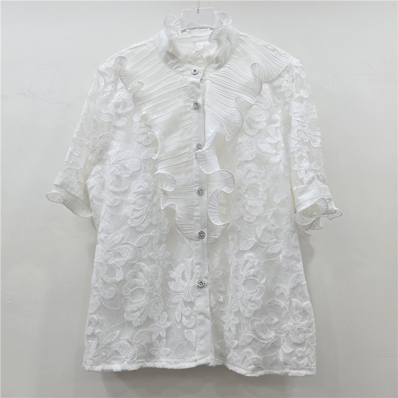 Cung Điện Retro Ánh Sáng Sang Trọng Người Nổi Tiếng Giảm Tuổi Rỗng Ren Khâu Xù Đứng Cổ Áo Sơ Mi Nữ Cao Cấp Top Hợp Thời Trang
