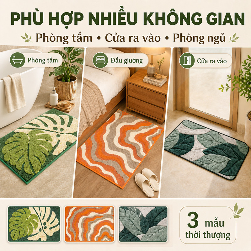 Thảm Lau Chân Len Lông Dày, Đế Cao Su Chống Trượt, Thấm Nước Tốt – Dùng Làm Thảm Nhà Tắm, Thảm Cửa, Thảm Chân Giường