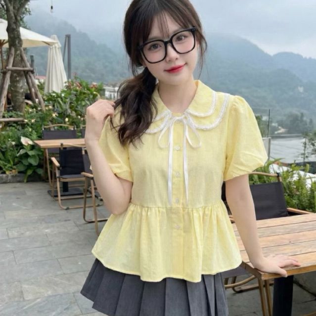 Áo Sơ Mi Nữ Dáng Babydoll Cổ Sen 2 Lá Phối Ren Cộc Tay Có Bigsize Clothing Thời Trang Nữ M6777 - SamHi Closet