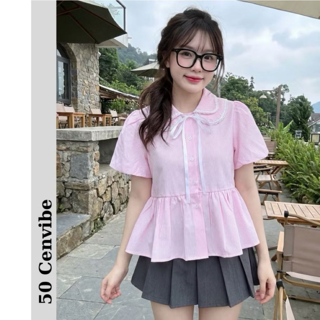 Áo Sơ Mi Nữ Dáng Babydoll Cổ Sen 2 Lá Phối Ren Cộc Tay Có Bigsize Clothing Thời Trang Nữ M6777 - SamHi Closet