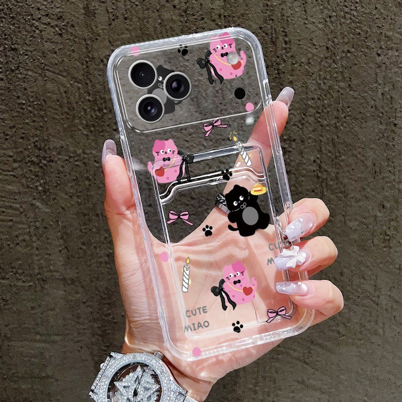 Ốp Khe Cắm Thẻ Trong Suốt Cho Xiaomi 15T 11T 14T 13T Pro Poco C40 C65 C75 C71 C61 C85 M5S Ốp Lưng Điện Thoại Miao Beach Mico Cat In Hình Bảo Vệ Cho Poco X6 X3NFC X7 M3 M6 M7 Pro
