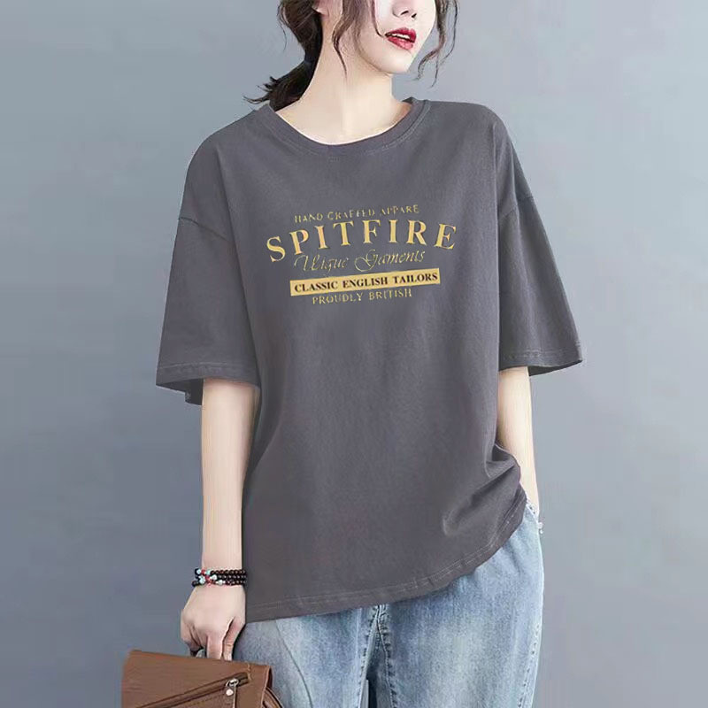 Áo thun bông cotton ngắn tay dành cho nữ, thiết kế cổ tròn dáng rộng, thời trang mùa hè