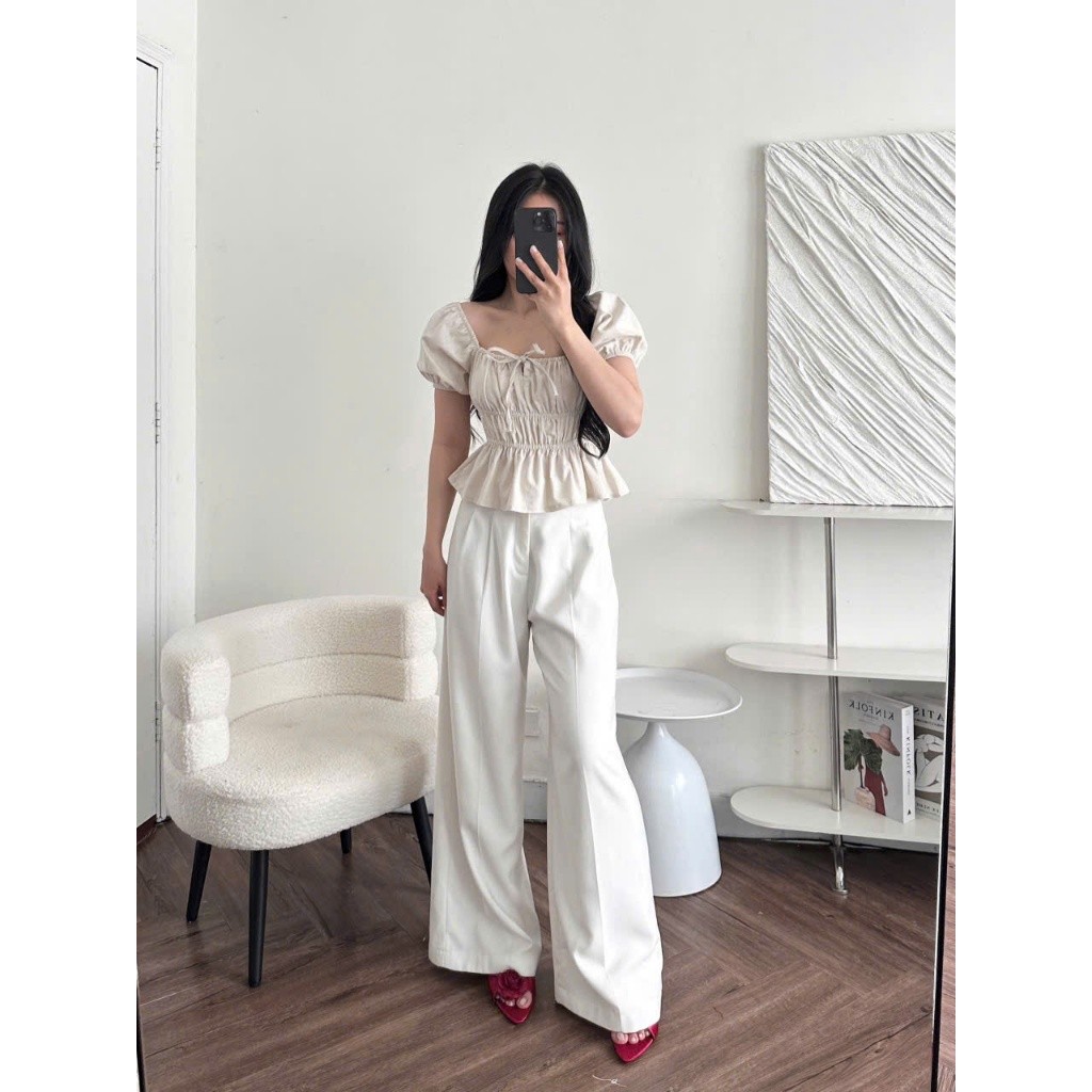 Áo Babydoll Linen Kiểu Xinh Tay Phồng Tiểu Thư Công Chúa Bo Thân Nơ Coquette Ngực Xinh Xắn