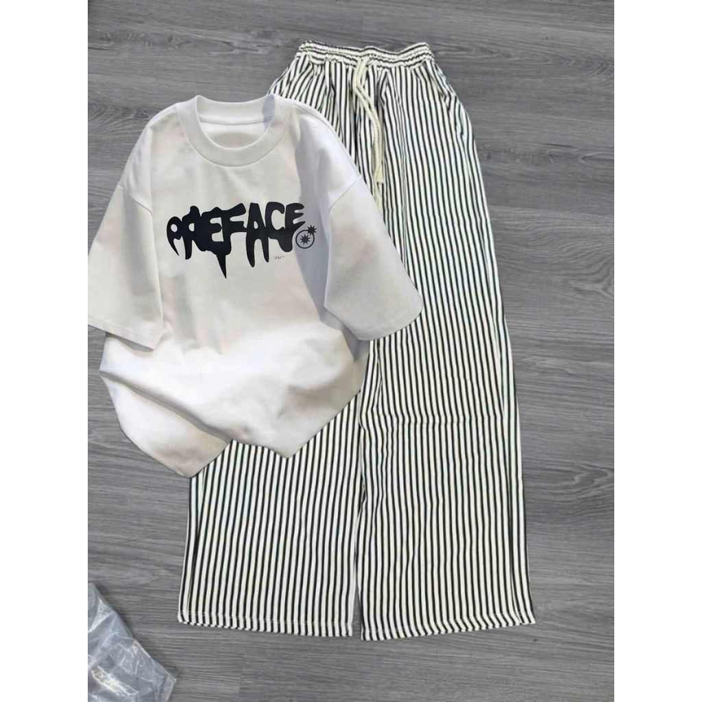 Bộ quần ống rộng kẻ sọc Chất Đũi Xốp+ và áo phông cotton dày dặn-3 ngôi sao