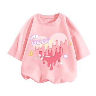 Áo thun ngắn tay in hình hoạt hình dễ thương và đa năng dành cho bé gái, có ba màu để lựa chọn.
