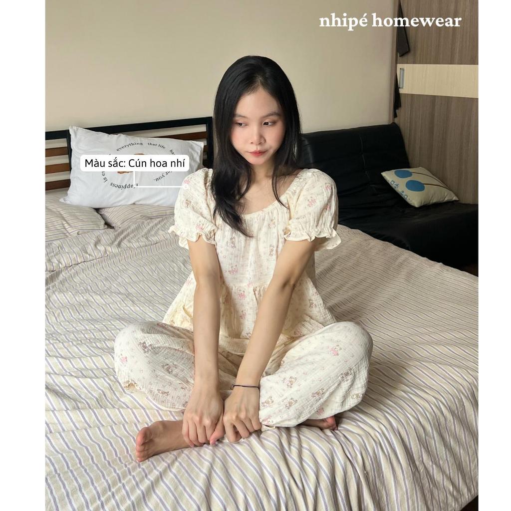 Bộ đồ xô tay bồng quần dài nhipé homewear nữ set đồ ngủ mặc nhà chất liệu xô muslin cao cấp mềm mịn mát họa tiết hoa
