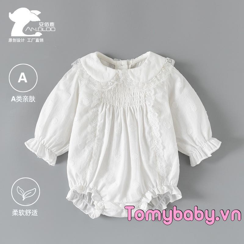 Bộ áo liền quần dài tay cổ búp bê viền ren cho bé gái hàng ngày