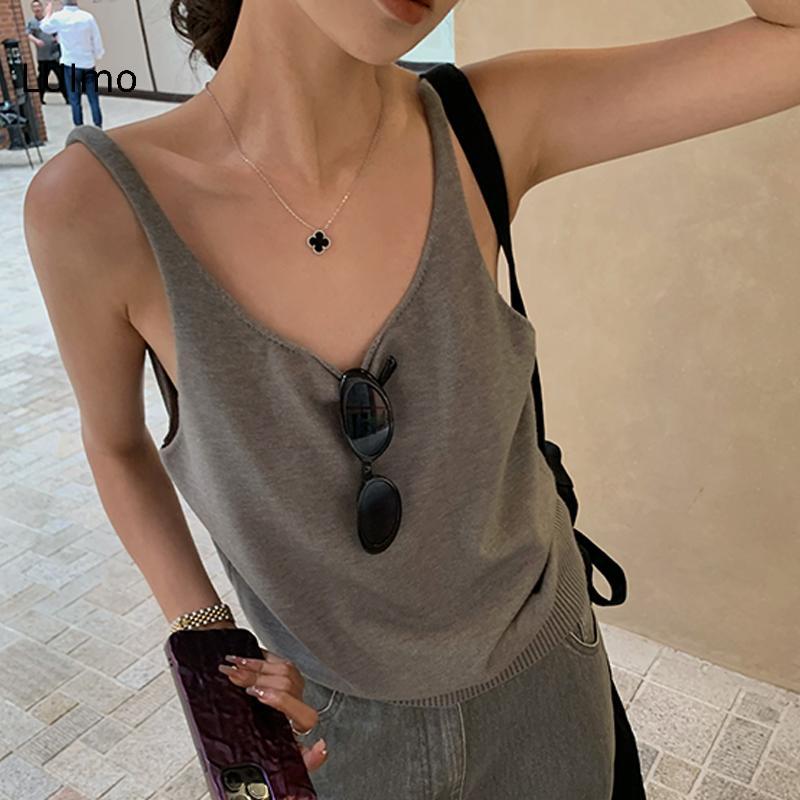 Camisole dệt kim cổ chữ V không tay màu cam dành cho nữ, phù hợp mùa hè