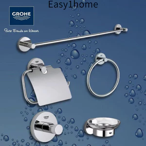 Bộ 5 món Grohe Đức Bau Series hoàn toàn bằng đồng, bao gồm thanh treo khăn, giá giấy vệ sinh, vòng khăn, khay xà phòng v