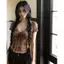 Pure Desire Gợi cảm Hot Girl Smudged Gạc Áo thun ngắn tay nữ mùa thu Phong cách mới Slim-fit thon gọn hơn