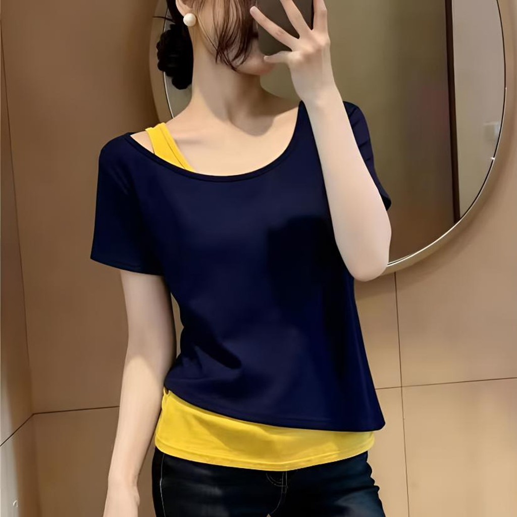 [260g Human Cotton 92 Viscose 8 Spandex] Áo thun ngắn tay hai mảnh giả thiết kế mùa hè dành cho nữ