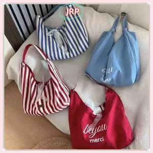 JRP Hiện Đại Sọc Vải Hobo Túi Nữ Ren Nơ Trang Trí Có Thể Đảo Ngược Vai Tote Túi Xách Cho Mua Sắm Ngoài Trời JRP