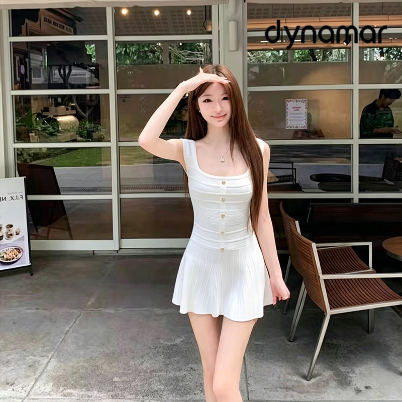 【dynamar】Đầm dệt kim cổ vuông không tay dáng ôm chữ A ngắn cho nữ, thời trang mùa hè.