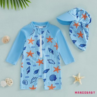 MG-2 Cái Bộ Đồ Bơi Bé Trai Tập Đi Bộ Cổ Tròn Tay Dài Tôm Hùm In Trên Dây Kéo Rash Guard Đồ Bơi Và Mũ Chống Nắng