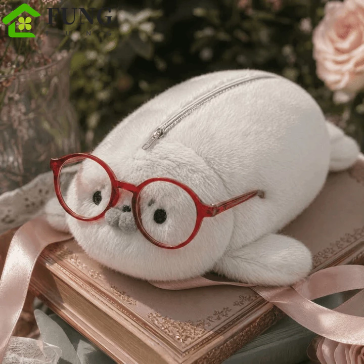 FUNG Little Seal Pencil Case, Kết cấu mô phỏng Động vật Seal Doll Pen Pouch, Furry Kawaii Style Chất liệu sang trọng Dung tích lớn Văn phòng phẩm Túi lưu trữ văn phòng phẩm Văn phòng phẩm Văn phòng ph
