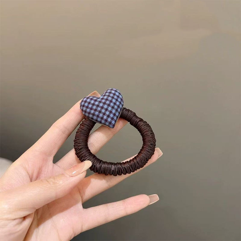 Dây buộc tóc trái tim kẻ sọc, Dây buộc tóc thun trái tim bằng vải ca rô dễ thương, Dây buộc tóc co giãn an toàn không trượt cho nữ