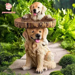 Đồ trang trí điêu khắc PWSEND, Đồ thủ công bằng nhựa Tượng chó trong vườn động vật, Bồn tắm chim ruồi dễ thương cho sân nhà