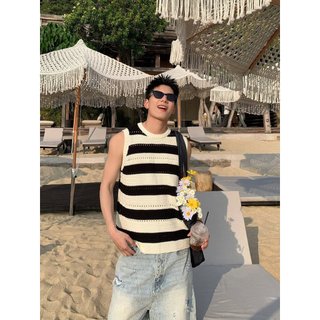 ESEA Nam Tank Top Mỹ Hợp Thời Trang Thương Hiệu Tương Phản Sọc Rỗng Dệt Kim Thoáng Khí