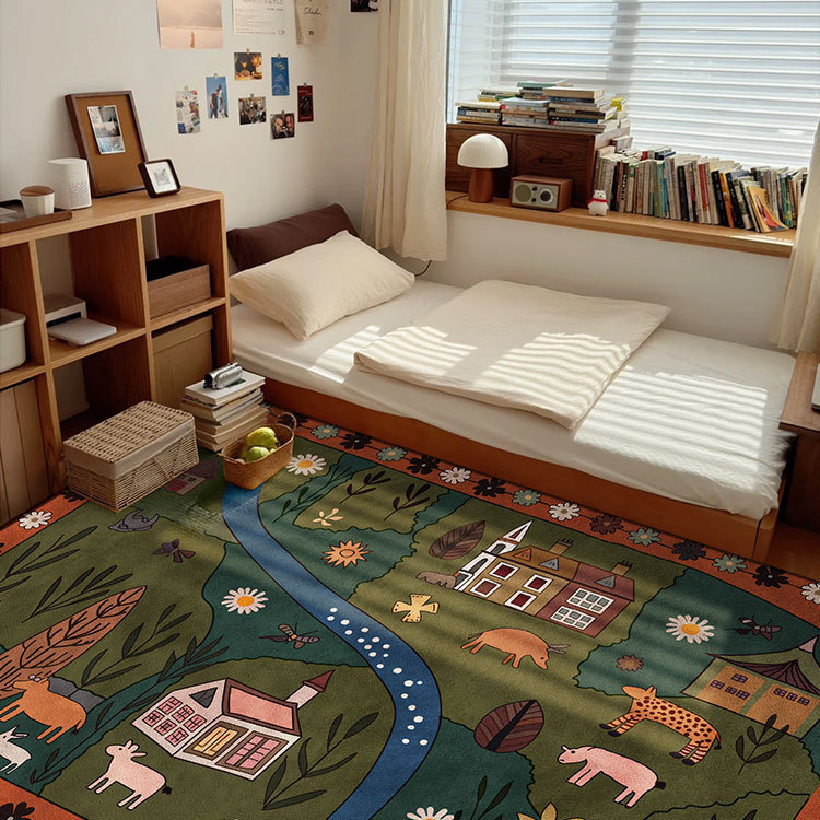 Thảm trải sàn nhung phong cách vintage Họa tiết ô vuông voi & hoa Dùng cho phòng khách, khu vực sofa – bàn trà Có thể giặt nước