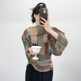 Áo sơ mi Miyake layering retro, màu sắc tương phản, thời trang thường ngày
