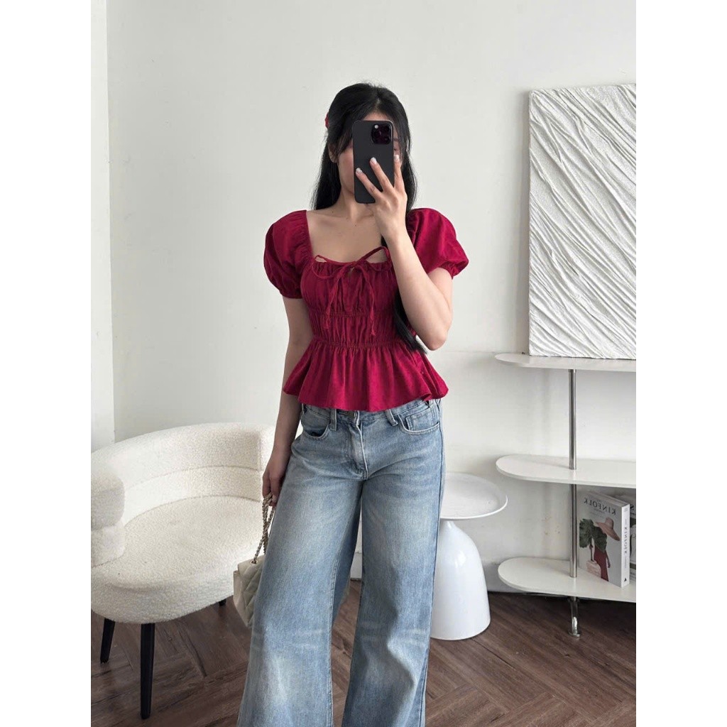 Áo Babydoll Linen Kiểu Xinh Tay Phồng Tiểu Thư Công Chúa Bo Thân Nơ Coquette Ngực Xinh Xắn