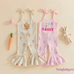 Bộ áo liền quần Phục sinh cho bé gái Chữ cái dễ thương Bunny thêu không tay dưới chuông tổng thể