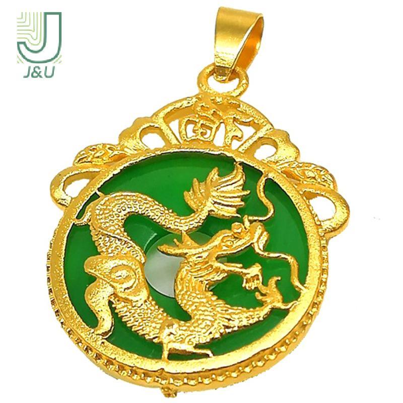 J & U Mặt Dây Chuyền Rồng Đá Xanh và Vàng - Phù hợp cho Nam/Nữ, May Mắn và Thời Trang