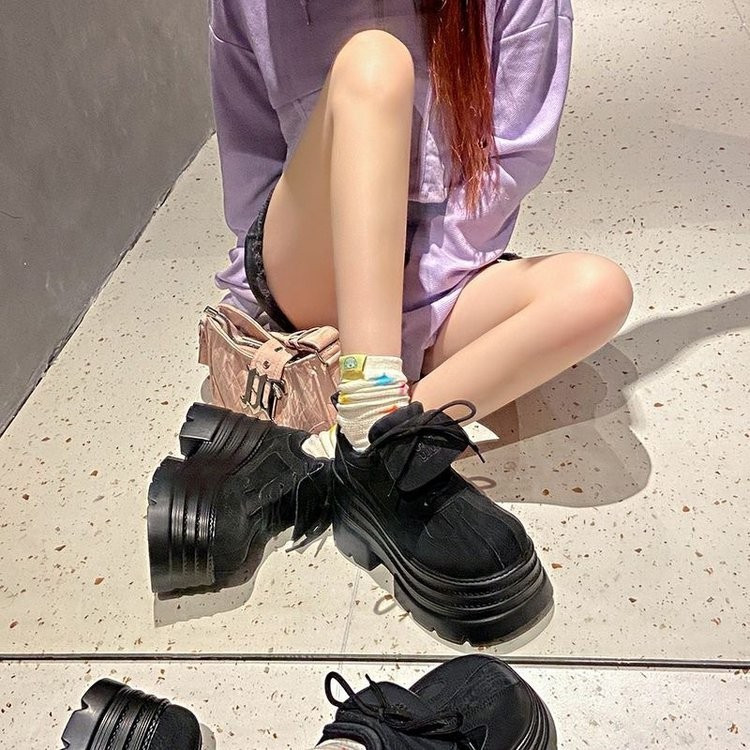 Thời Trang Thu Đông Thoải Mái Mặc Bên Ngoài Chống Trơn Trượt Chống Mài Mòn Cao Gót Giày PU Màu Trơn Đơn Giản Buộc Dây Đế Dày