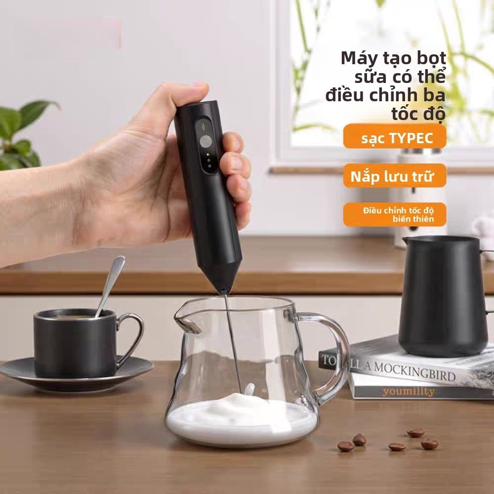 Máy đánh bọt sữa sạc Type-C: 3 tốc độ, gọn nhẹ, đa năng + nắp đựng
