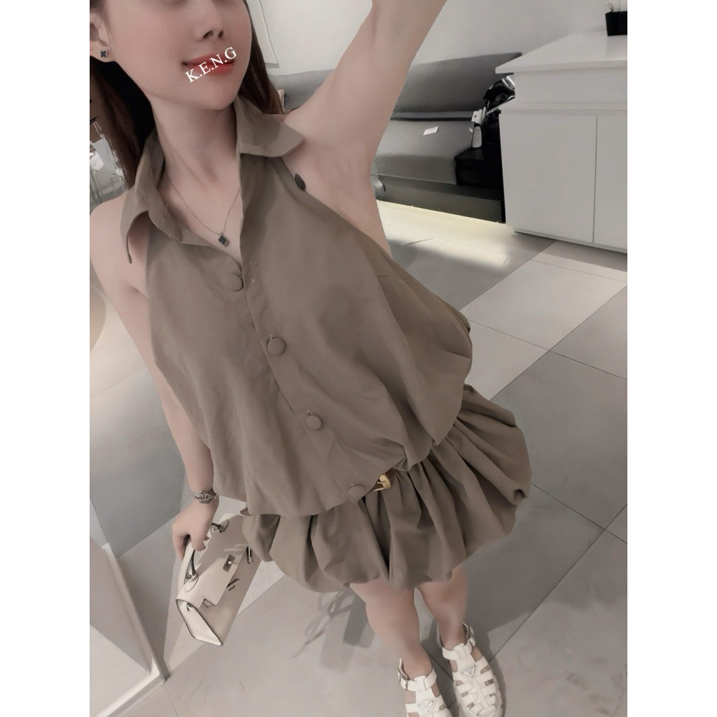 Đầm cổ yếm khuy bọc kèm đai chân xoè bồng siêu đẹp BYJOLIE
