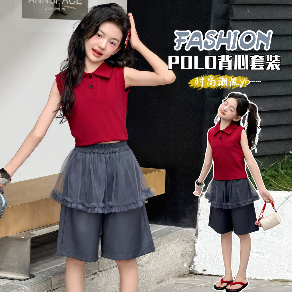 Áo sơ mi polo không tay màu đỏ cho bé gái Mùa hè Phong cách mới Thời trang trẻ em Slim-fit Top