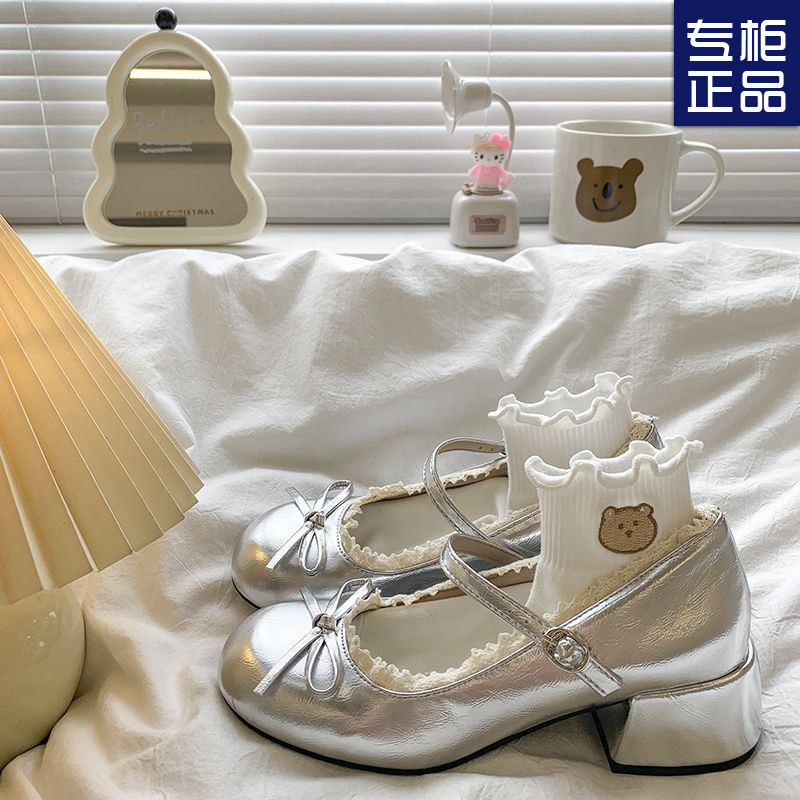 Giày Mary Jane Nữ Gót Cao 4.5cm Da Bóng Đính Nơ Êm Chân Style Ulzzang Hàn Quốc