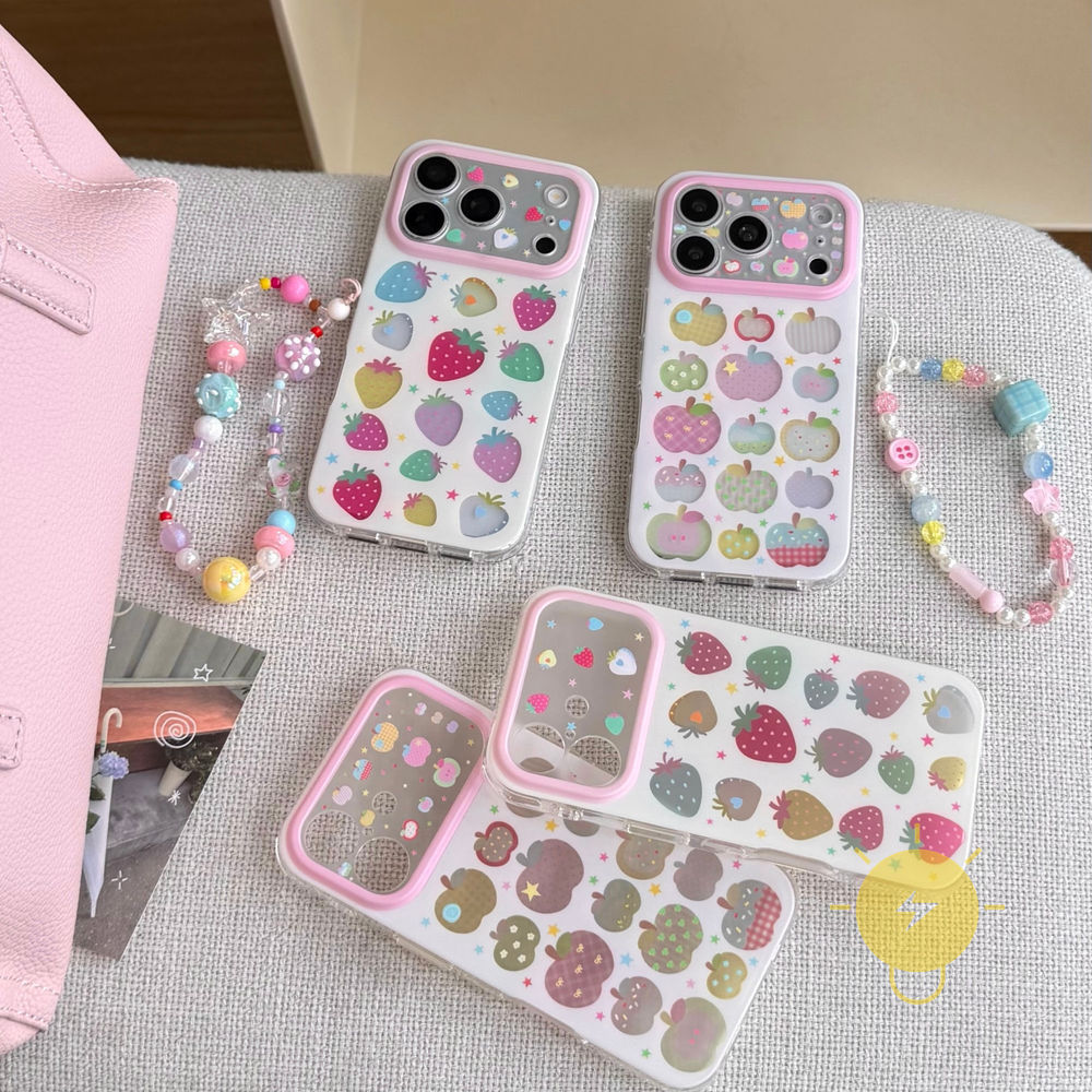 Phone Case For iPhone 17 Pro Max 16 15 TPU Keychain Chain Colorful Strawberry Aesthetic Korean Cute